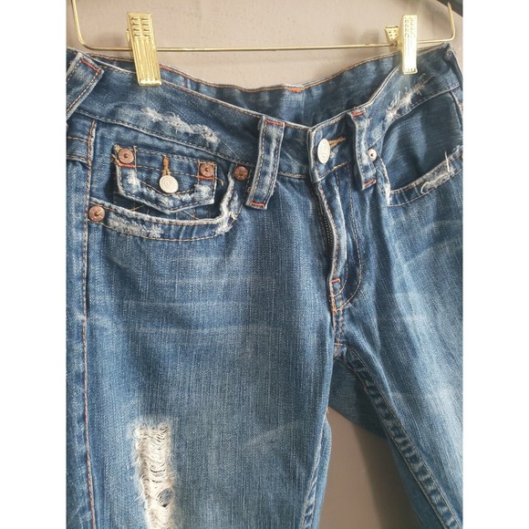 True Religion Jeans Women’s 27 Blue  Bell Bottom Distressed 100% Cotton - Picture 2 of 10